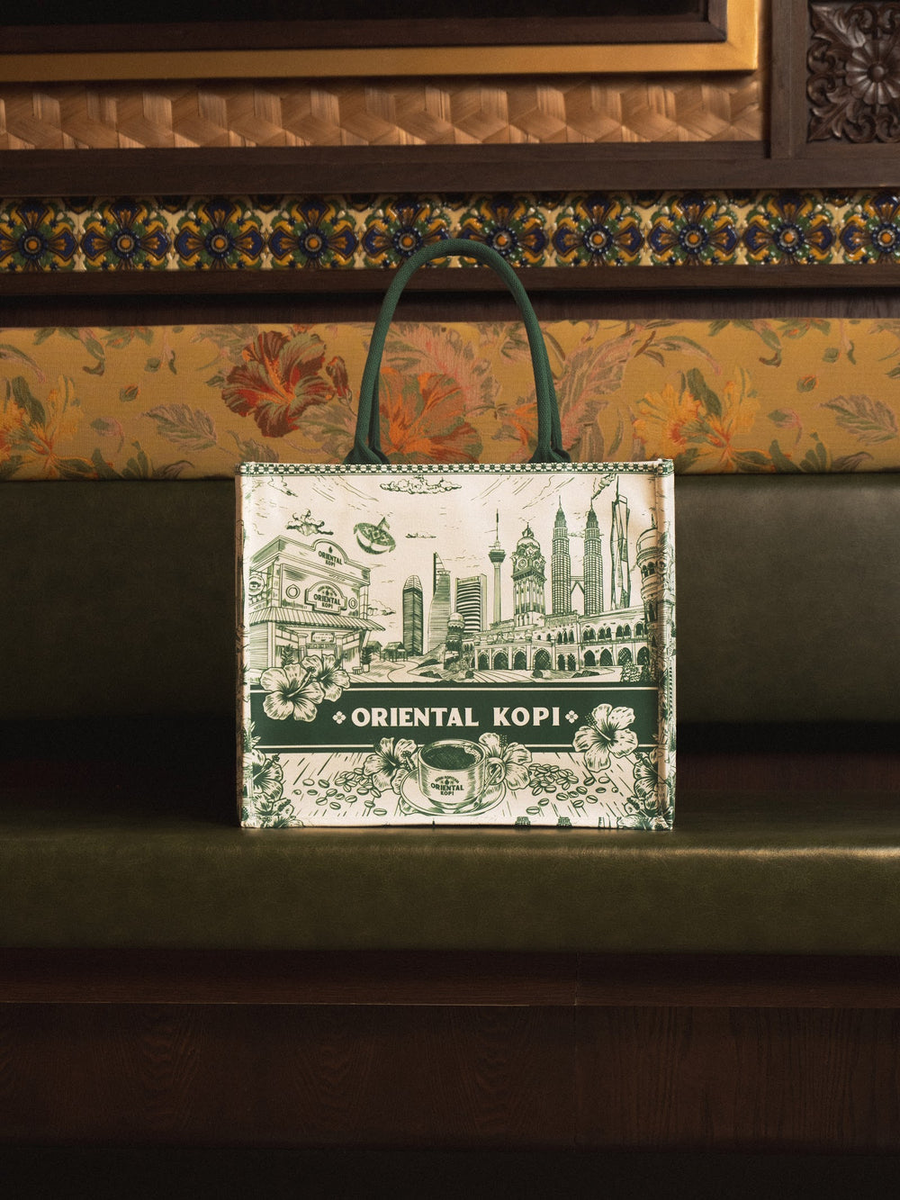 The Malaysian Icon Grocery Tote on a kopitiam bench