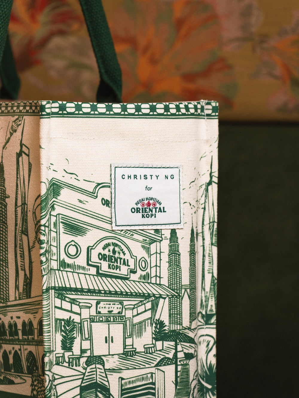 Christy Ng for Oriental Kopi woven label on the tote
