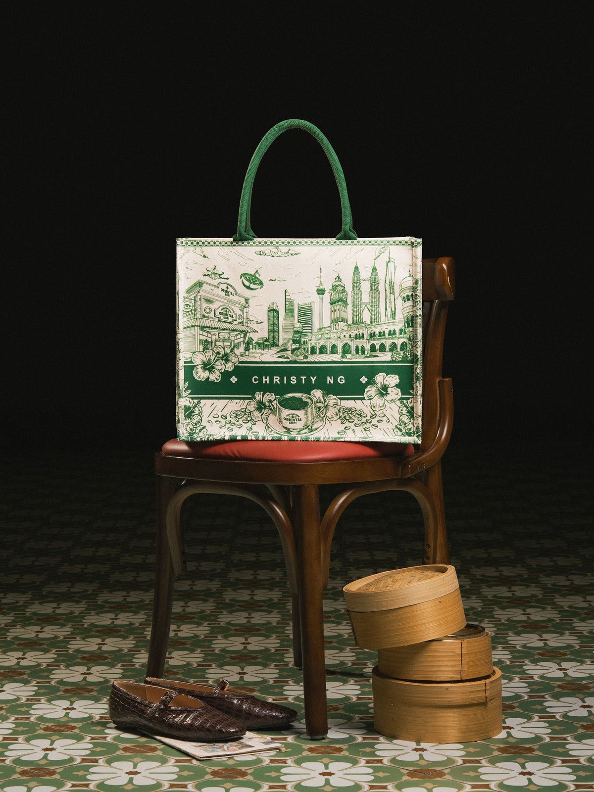 The Malaysian Icon Grocery Tote on a kopitiam chair